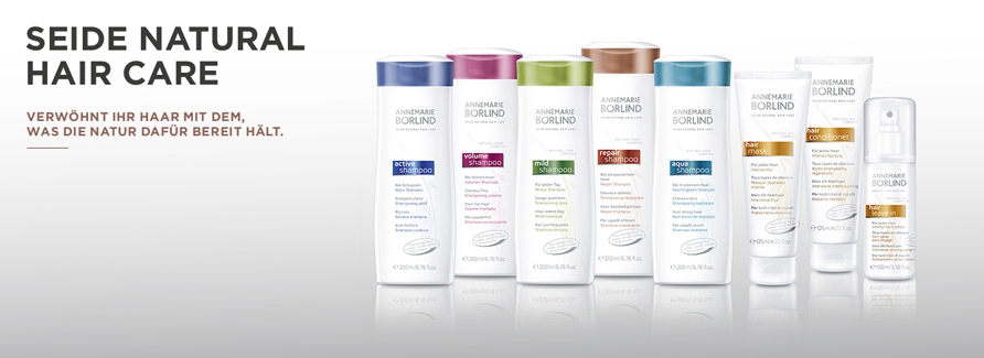 ANNEMARIE BÖRLIND HAARPFLEGENatürlich seidig schönes Haar - mit SEIDE Natural Hair Care.SEIDE Natural Hair Care verwöhnt ihr Haar mit dem, was die Natur dafür bereithält. Innovative Formulierungen mit hervorragenden natürlichen Wirkkomplexen verbessern die Haarstruktur, verleihen seidigen Glanz und verbessern die Kämmbarkeit. SEIDE Natural Hair Care ist nicht nur gut für Haar und Kopfhaut, es schont auch die Umwelt durch den Verzicht von Sulfaten, Silikonen und PEGs.