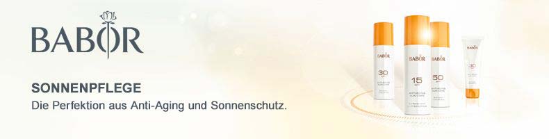 BABOR SonnenpflegeDie Sonnenpflege Produkte sind die perfekte Kombination aus Anti-Aging Pflege und Sonnenschutz. Sie beruhigen die sonnenbeanspruchte Haut, mindern Rötungen, Irritationen und sogar Sonnenbrand schnell und nachhaltig. Gleichzeitig regenerieren sie die Hautbarriere und spenden der Haut eine Extraportion Feuchtigkeit. Die modernen, schnell einziehenden Texturen schützen die Haut mit UVA und UVB Filtern und dem Skin Protection Komplex vor Zellschäden und sichern die DNA der Zellen. Gleichzeitig schützt der Komplex vor Hautalterung und unterstützt den Regenerationsprozess nach dem Sonnenbad. Die Haut wird optimal gepflegt und geschützt, ihre Jugendlichkeit wird bewahrt. Mit Anti-Aging Sun Care Produkten kann man die Sonne wieder unbeschwert geniessen.