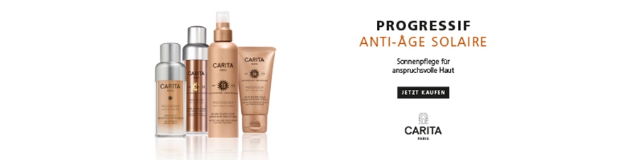 CARITA Progressif Anti-Âge SolaireDie Pflegelinie Progressif Anti-Âge Solaire schützt die Haut vor schädlicher UV-A und UV-B Strahlung, welche die Haut von innen heraus austrocknet und für rissige Hautschichten sorgt. Zu intensive Strahlung führt zu einem schlecht ausbalancierten Feuchtigkeitshaushalt und in Folge dessen kommt es zu frühzeitigen Hautalterungserscheinungen, vor welchen man sich effektiv schützen sollte. Diese Linie ist die perfekte Vorbereitung auf die ersten Sonnenstrahlen und ein optimaler Schutz gegen starke UVA- und UVB-Strahlung. Die Pflegeprodukte sorgen für einen gleichmässigen Teint, entfernen Unebenheiten und Pigmentstörungen, hydrieren die Haut und haben zudem noch einen beruhigenden Effekt. Der Sonnenschutzfaktor reicht von einem sanften 10 bis hin zu einem starken SPF von 50.