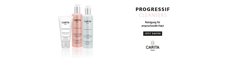 CARITA Progressif Cleansers Die Reinigungsprodukte der Linie Progressif Cleansers vereinen höchste Anti-Aging-Leistung mit höchster Verträglichkeit und den Vorteilen einer natürlichen Ausstrahlung. Die Haut soll ihren Feuchtigkeitsgehalt bewahren und bereits im ersten Schritt des Pflegerituals von Anti-Aging-Leistungen profitieren. Hochwirksame Formulierungen und raffinierte Texturen machen es möglich, dass die Reinigung ebenso gründlich wie sanft verläuft, die Haut mit kostbaren Pflanzenölen und Anti-Aging-Wirkstoffen verwöhnt wird und sich dabei leicht und frisch anfühlt. Perfekt gereinigt und sichtbar geglättet, erstrahlt die Haut in jugendlicher Schönheit und erlebt ein luxuriöses Hautgefühl.