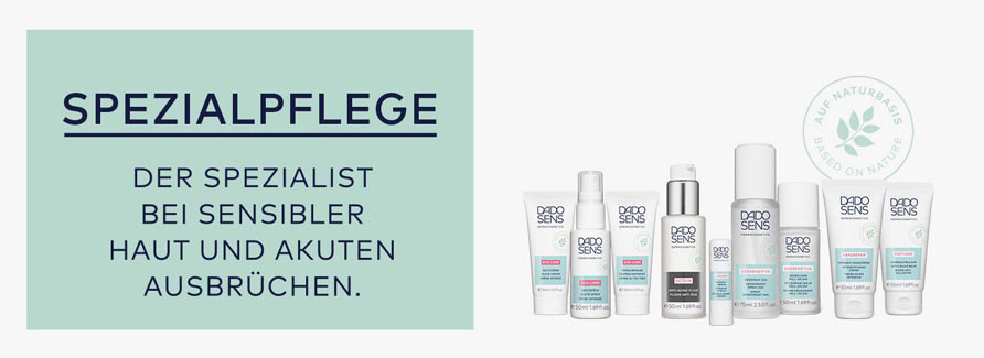 Dado Sens Spezialpflege
Die Spezialpflege von Dado Sens bietet für jeden Pflegewunsch die richtige Pflegelösung. Das Ectoin Anti-Aging-Fluid ist ideal für regenerationsbedürftige und sensible Haut. Es stärkt die hauteigene Immunabwehr und mildert dabei Falten. Die Teebaum-Salbe hilft bei kleineren Hautabschürfungen, leichtem Sonnenbrand, Insektenstichen und Juckreiz. Der Sensitive Deo Roll-On und der Sensitive Deo-Spray 24h sind schützende, hochwertige und milde Deodorants die ohne Aluminiumsalze bis zu 24 Stunden vor Geruchsbildung und Körpergeruch schützen. Das Ectoin Anti-Aging-Fluid ist ideal für regenerationsbedürftige und sensible Haut. Es stärkt die hauteigene Immunabwehr und mildert dabei Falten. Mit dem SalvaCare Hornhaut-Balsam wird verhornte Haut besonders sanft und effektiv reduziert. Es ist zur Fusspflege bei Diabetes geeignet und schenkt gepflegte und besonders schöne Füsse. Für trockene, extrem trockene, raue und rissige Füsse ist das SalvaCare Intensiv-Fussbalsam die ideale Pflege. Das Aviola Erfrischendes Bein-Gel pflegt schwere und müde Beine, es kühlt und spendet der Haut intensiv Feuchtigkeit. Für strapazierte, trockene und raue Haut an den Händen ist die HandRepair Intensive Handcreme die perfekte Pflege. Sie verleiht schöne und gepflegte Hände. Die Dado Sens Spezialpflege bietet Unterstützung bei jedem Pflegewunsch, die Haut wird geschützt, gepflegt und bekommt immer die richtige Hilfe.