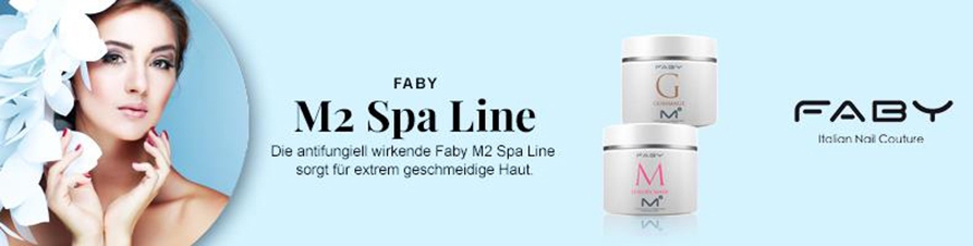 Faby M2 Spa LineMit der Faby M2 Spa Line präsentiert Faby den M2 Complex. Dies ist eine innovative Formulierung mit pflanzlichen Extrakten aus Moringa Oleifera Öl und Manuka Öl. Der M2 Complex ist mit Mineralien und Vitaminen angereichert und wirkt antifungiell, entzündungshemmend und hydratisierend. Faby M2 Spa Line sorgt für extrem geschmeidige Haut und ist für die Ansprüche verschiedenster Hauttypen geeignet. Die M2 Spa Line mit dem M2 Complex basiert auf angenehmen Parfümierungen und vereint natürliche aktive Inhaltsstoffe mit einer fortschrittlichen Kosmetiktechnologie. Die Produkte sind frei von Parabenen und ohne Petrolium Derivate. Das Peeling ist ohne Zuckerkristalle formuliert.