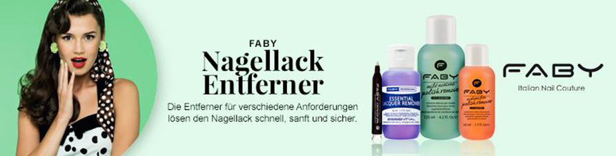 Nagellack EntfernerDie Faby Nagellack Entferner sind unverzichtbare und unentbehrliche Helfer bei der Nagelpflege. Faby Mild Acetone Polish Remover Aloe Vera entfernt sicher und schnell normalen Nagellack von natürlichen Nägeln. Acetone Free Polish Remover entfernt Nagellack auf natürlichen und künstlichen Nägeln. Mit dem Essential Lacquer Remover können kräftige Nagellack Nuancen und Faby Lacquering Gel gelöst und entfernt werden. Damit können Sie für die verschiedenen Anforderungen immer den passenden Faby Nagellack Entferner für Ihre individuellen Ansprüche wählen.