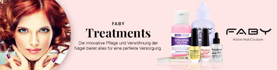 Faby TreatmentsDie professionelle Nagelpflegeserie Faby Treatments bietet für die Nagelpflege innovative Pflegeprodukte für viele Anforderungen. Base Coats pflegen, nähren und spenden dem Nagel Feuchtigkeit. Top Coats verlängern die Haltbarkeit des Nagellacks und kommen mit einem hochglänzendem, glänzendem oder mattem Finish daher. Nagellackentferner reinigen den Nagel und die Pflege für die Nagelhaut und den Nagel restrukturieren und stärken. Faby Threatments schenkt Ihren Händen und Nägeln alles was Sie für Ihre individuelle Nagelpflege brauchen.