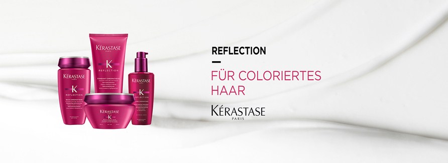 Kérastase ReflectionFesselnde Pflege für perfekte Farbintensität. Kérastase kreierte Réflection, die 1ste* lichtreflektierende Haarpflegeserie, die jede Haarfaser verwandelt und Brillianz verleiht. Die Produkte von Kérastase Reflection vereinen eine reichhaltige Pflege für das Haar. Zudem sind die verschiedenen Artikel auf die speziellen Bedürfnisse der Haare abgestimmt und hinterlassen nichts als seidigweiches, glänzendes und gesundes Haar, das sich sehen lassen kann. Reflection von Kérastase - Die Produkte Bain Chroma Captive ist ein Haarbad, das den Haaren langanhaltende Farbbrillanz verleiht. Es bietet coloriertem Haar hohen Schutz und schenkt ihm wunderschöne Brillanz und Leuchtkraft. Die Anwendung von Kérastase Reflection ist einfach, denn es wird auf das nasse Haar aufgetragen, anschliessend eingearbeitet und dann gründlich ausgespült. Mehr Aufwand ist nicht erforderlich. Mit dem System Capture, das eine Technologie aus Leinsamenöl, UV-Filter und Zinkglukonaten kombiniert, werden die Haare versiegelt und sind perfekt homogenisiert. Sie reflektieren das Licht. Darüber hinaus wird die Farbe vor schädlichen Umwelteinflüssen geschützt, die Farbpigmente werden in der Haarfaser fixiert. Die glanzintensivierende Masque Chroma Captive aus der Serie Reflection verbessert nicht nur die Haarsubstanz, sondern auch die Einheitlichkeit jeder Haarfaser. Auf diese Weise erhalten die Haare eine ideale und langanhaltende Lichtreflektion. Zur Anwendung werden bis zu zwei haselnussgrosse Portionen der reichhaltigen Maske auf die Spitzen und Haarlängen aufgetragen. Anschliessend sollte die Kérastase Reflection Maske bis zu zehn Minuten einwirken, um dann gründlich ausgespült zu werden. Auch bei der Masque Chroma Captive wirkt das Systeme Capture mit Leinsamenöl, UV-Filter und Zinkglukonaten, damit die Farbbrillanz der Haare lange erhalten bleibt, sie geschützt werden und die optimale Homogenität vorhanden ist. Weitere Pflegeprodukte von Kérastase Reflection Chroma Thermique ist eine hitzeaktive Aufbaucreme von Reflection und repariert gefärbtes Haar. Dabei wird die Haarfaser wieder aufgebaut und gekräftigt. Das Ergebnis ist eine langanhaltende Farbe, deren Farbintensität zusätzlich unterstützt wird. Nun kann die Haarfaser wieder verführerisch schimmern, während das Kämmen aufgrund der flexibleren und geschmeidigeren Haarsubstanz deutlich erleichtert wird. Bis zu zwei haselnussgrosse Portionen werden nach dem Waschen auf das Haar aufgetragen. Dabei von den Spitzen bis in die Längen einmassieren und nicht ausspülen. Das Fibrionic-System stärkt das Haar durch Ceramide und verbessert hierdurch die Qualität. Mea 18 ist ein Lipid, welches die Oberfläche der Faser glättet. Bain Chroma Riche ist ein pflegendes Haarbad von Kérastase Reflection, das die Leuchtkraft gesträhnter Haare enthüllt. Das Ergebnis ist optimaler Glanz, der sich an der satten und leuchtenden Haarfarbe zeigt. Darüber hinaus wird die Farbe perfekt vor dem Verblassen geschützt. Nach der Anwendung entwickelt sich ein glattes und geschmeidiges Haargefühl. Bain Chroma Riche wird einfach auf das angefeuchtete Haar aufgetragen, dann einmassiert und nur noch gründlich ausgespült. Mit dem System Aqua-Ionic dringen die Pflegestoffe in die geschädigten Stellen ein und lagern sich an, damit die Fasern der Haare vor dem Austrocknen geschützt werden. Der UV-Filter schützt vor dem Verblassen der Farbe. Fondant Chroma Captive ist eine Pflegemilch aus der Serie Reflection, welche den Glanz intensiviert. Die Haarsubstanz sowie die Einheitlichkeit der Fasern wird optimiert. Sie wird auf das gewaschene Haar in den Längen und Spitzen einmassiert und sollte bis zu drei Minuten einwirken. Anschliessend wird die Kérastase Reflection Pflegemilch nur noch gründlich ausgespült, um ein perfektes Ergebnis zu erzielen und die Leuchtkraft der Haare zu verbessern. *von Kérastase. Mit Réflection, kreierte Kérastase seine erste lichtreflektierende Haarpflegeserie. Sie verwandelt jede Haarfaser und verleiht ungeahnte Brillanz. Sowohl coloriertes, als auch gesträhntes Haar bekommt eine perfekte Farbintensität und sieht gepflegt so wie wunderschön aus. Durch das regelmässige Strähnen und Färben von Haaren, aber auch durch Einflüsse von aussen, mechanische Einwirkungen beim Stzyling und Hitze durch Styling-Tools wird coloriertes Haar in seiner Substanz verändert. Teile aus der Schuppenschicht des Haares beginnen abzustehen, die Coloration verliert an Farbkraft und beginnt stumpf und glanzlos zu wirken. Réflection wirkt diesen Ursachen und Wirkungen entgegen. Die Haarfaser wird regeneriert, geschmeidig gehalten und die Schattierung der Haarfarbe wirkungsvoll unterstützt. Die Farbtiefe bleibt so erhalten, da die Farbpigmente der Haarfaser "fixiert" werden. Für coloriertes Haar finden Sie hier ein reinigendes Bain, einen pflegenden Fondant und eine veredelnde Aufbaucreme, so wie eine Glanz intensivierende Haarmaske. Gesträhntes Haar findet hier ebenfalls sein reinigendes Bain und eine pflegende, ganz auf seine Bedürfnisse abgestimmte Haarmaske. Von der neuen Leuchtkraft Ihrer Haare werden auch Sie selbst, wie in Bann geschlagen sein. Wir freuen uns auf Ihre Bestellung!