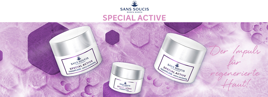 Sans Soucis Anti-Age Special ActiveANTI-AGE SPECIAL ACTIVE ist die Vitaminpflegeserie für die anspruchsvolle, trockene und sehr fettarme Haut. Mit der Zeit verändert sich die Haut. Der natürliche Alterungsprozess führt dazu, dass sich die Zellteilung verlangsamt. Die wertvollen Hautschutzvitamine A und E wirken der Ausprägung und Tiefe von Linien und Fältchen entgegen. Vitamin A-Palmitat fördert insbesondere das gesunde Wachstum der Hautzellen und ihre Zellteilung. Vitamin E-Acetat schützt die Haut gegen Schäden durch freie Radikale und steigert das Feuchtigkeitsniveau der Haut. Vitamin H (Biotin) mildert sichtbar die Faltentiefe sowie deren Ausprägung. Avocadoöl glättet zudem trockene und schuppige Hautstellen und macht die Haut samtig zart. Das wertvolle Thermalwasser aus Baden-Baden fördert auf natürliche Art die Vitalität der Haut und deren Wohlbefinden. Die Produkte sind dermatologisch getestet und enthalten keine tierischen Inhaltsstoffe*. * Tages- und Nachtpflege enthalten Bienenwachs. Nachtpflege enthält Lanolinderivat.