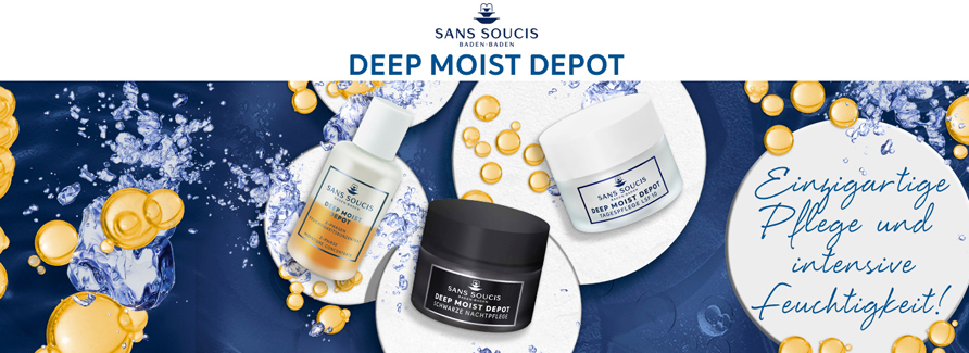 Sans Soucis Deep Moist DepotHydra Power mit Depotwirkung!DEEP MOIST DEPOT ist die Serie für intensive Feuchtigkeit, da die Produkte fast vollkommen auf Hilfsstoffe (Bindemittel) verzichten. Baden-Badener Thermalwasser und wertvolle Öle komplementieren den Marine Cellular Moisture Complex* und bieten der Haut einzigartige Pflege und intensive Feuchtigkeit. Trockenheitsfältchen werden gemildert, die Vitalität der Haut wird gefördert und die Feuchtigkeitsdepots der Haut aufgefüllt. *nicht enthalten im Deep Moist Depot