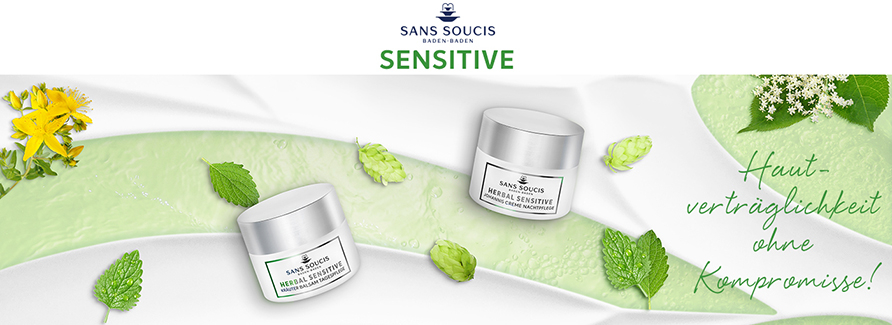 Sans Soucis SensitiveNatürlicher Schutz für sensible HautSENSITIVE ist die behutsame Pflegeserie mit natürlichen Kräuterextrakten, Aloe Vera, Algenextrakt und mineralstoffreichem Thermalwasser aus Baden-Baden. Die sanften Texturen pflegen und schützen die Haut und sorgen für einen ausgeglichenen Fett- und Feuchtigkeitsgehalt. Die Haut wird widerstandsfähiger gegen Irritationen, Rötungen und Stress und wird wirkungsvoll vor Hitze, Kälte und rauer Witterung geschützt. Die Haut wird spürbar geglättet, entspannt und erscheint geschmeidig schön. Das wertvolle Thermalwasser aus Baden-Baden fördert auf natürliche Art die Vitalität der Haut und deren Wohlbefinden. Alle Produkte sind dermatologisch getestet und optimal hautverträglich.
