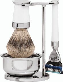 Erbe Shaving Shop Premium Design PARIS Silberspitz & Fusion Edelharz weiß Rasiergarnitur mit Seifenschale