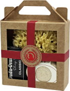 Unicorn Geschenk-Set mini-Seifendose klein sahneweiß + Dudu Osun CLASSIC 25g + Naturschwamm klein rot