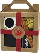 Unicorn Geschenk-Set mini-Seifendose klein samtschwarz + Dudu Osun CLASSIC 25g + Dudu Shea PURE 15ml + Naturschwamm klein + Olivenholzspatel rot