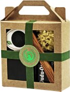 Unicorn Geschenk-Set mini-Seifendose klein samtschwarz + Dudu Osun CLASSIC 25g + Dudu Shea PURE 15ml + Naturschwamm klein + Olivenholzspatel grün