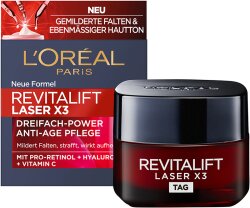 L'Oréal Paris Revitalift Laser X3 Dreifach-Power Anti-Age Tagespflege mit Pro-Retinol + Hyaluronsäure + Vitamin C Gesichtscreme 50ml