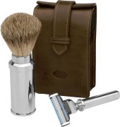 Erbe Collection Rasier-Set in Ledertasche 13 x 7 cm, braun, Gillette Mach 3