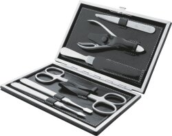 Erbe Collection siebenteiliges Manicure Set inox in braunem Bügeletui 15 x 10 cm