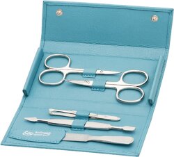 Erbe Collection fünfteiliges Manicure Set im Leder-Druckknopf-Etui meerblau