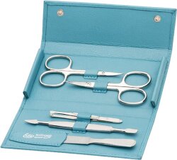 Erbe Collection fünfteiliges Manicure Set im Leder-Druckknopf-Etui taupe