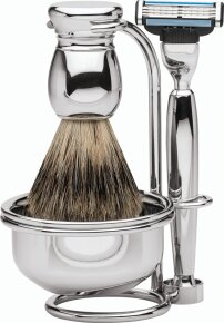 Erbe Shaving Shop Premium Design MILANO Rasiergarnitur mit Seifenschale Dachshaar & Mach3 Metall glänzend