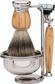 Erbe Shaving Shop Premium Design MILANO Dachshaar & Mach3 Olivenholz Rasiergarnitur mit Seifenschale